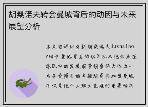 胡桑诺夫转会曼城背后的动因与未来展望分析